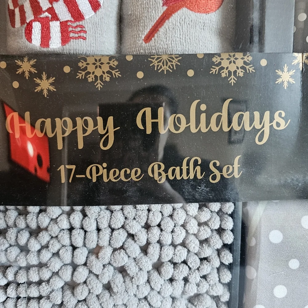 17-Piece Happy Holiday Bath Set Christmas Cardinals Gray Red New
